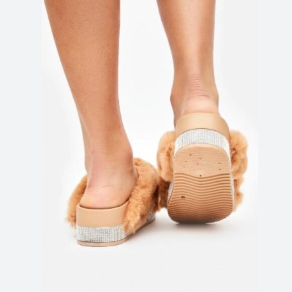 AZALEA WANG Sneaky Slippers faux fur snake rhinestone bling slides tan 7 - Picture 5 of 14